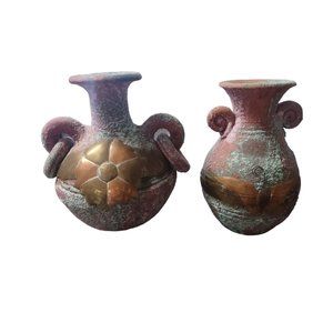 Southwestern Folk Art Pottery Double Handle Vase Metal Overlay Sand Finish